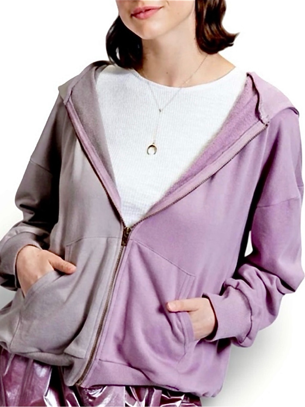 Easel Color Block Full Zip Oversized Hoodie - Lavender/Grey